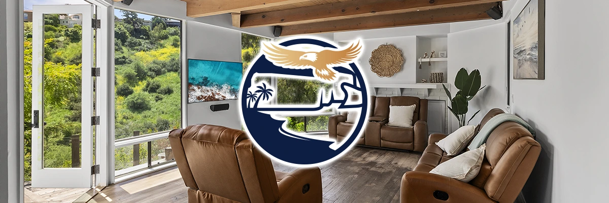 Banner image of an interior view of Clarity Center for Mental Wellness' Residential Mental Health treatment facility. A TV surrounded by comfortable couches with a beautiful view in Orange County.